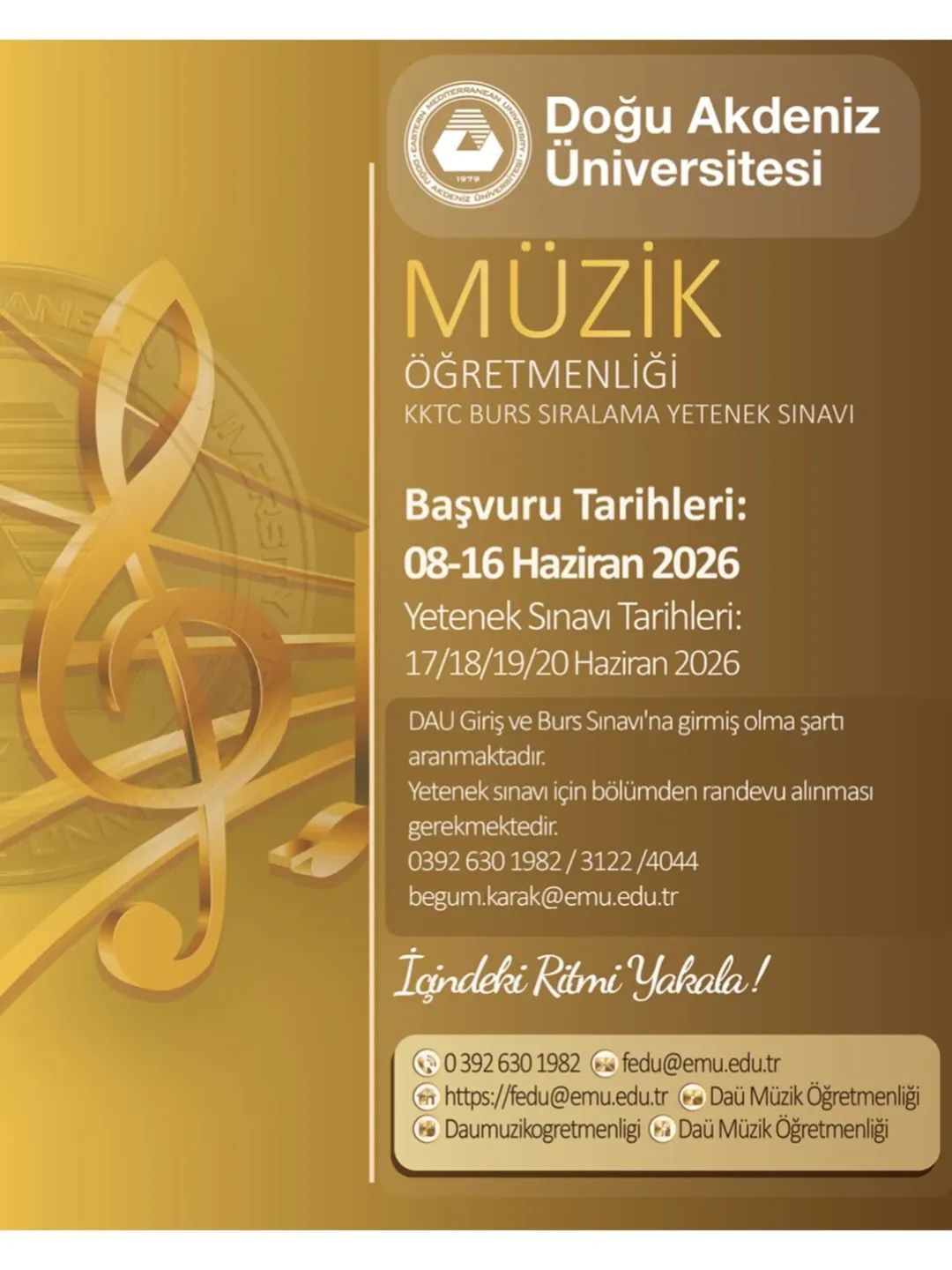 DAÜ Müzik Öğretmenliği Programı Yetenek Sınavı 17-20 Haziran tarihleri arasında yapılacak